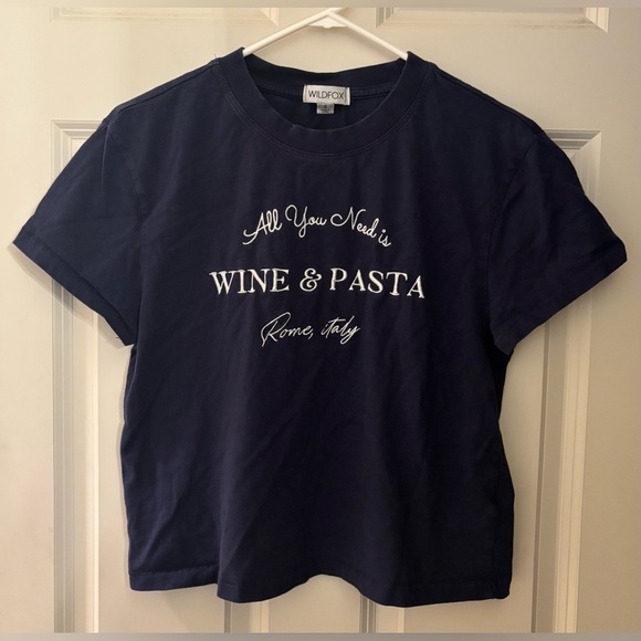 Wildfox 100% Cotton Cropped Wine & Pasta Tee in Navy, Size S - Picture 1 of 9